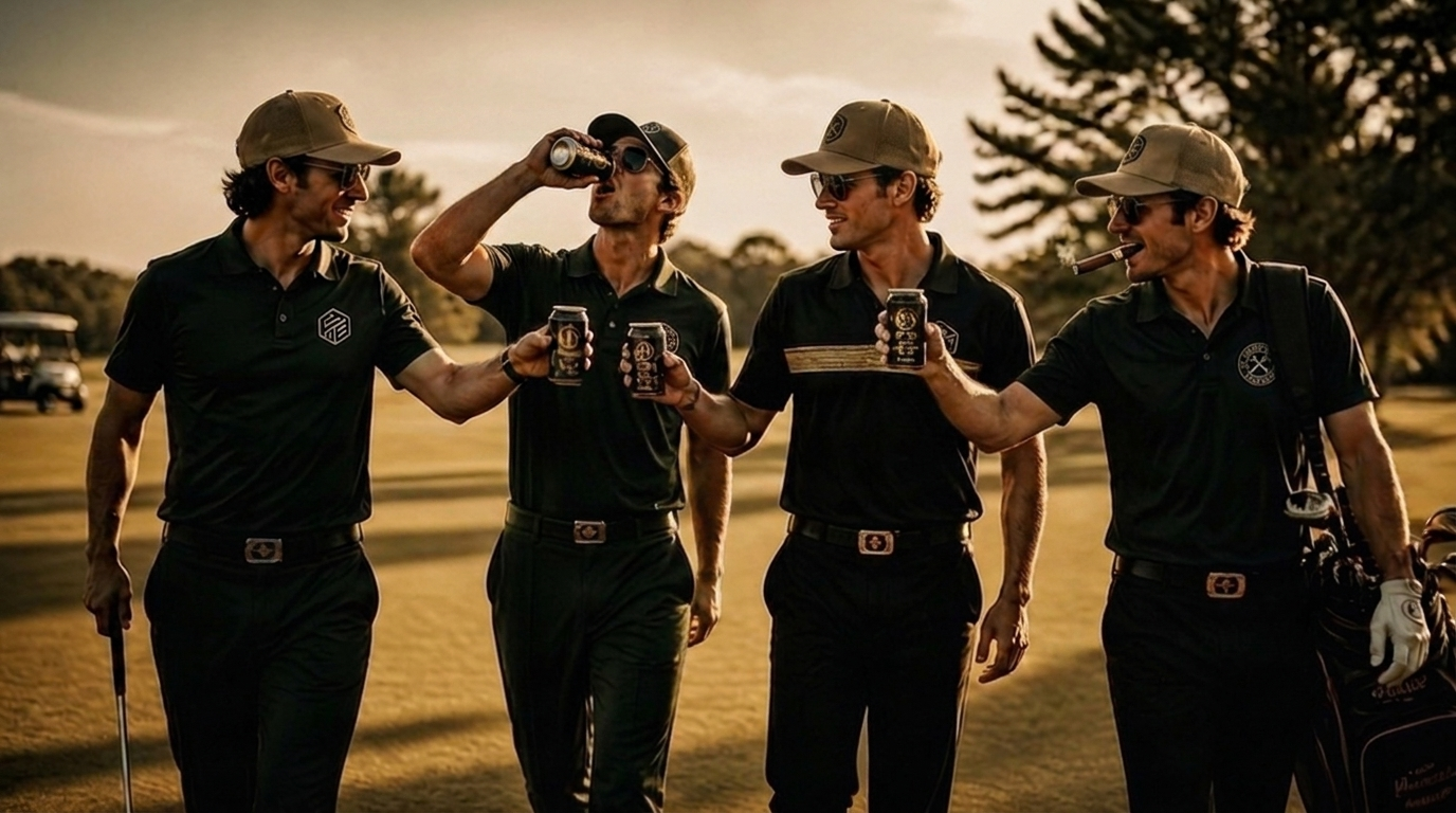 Four friends toasting cans at sunset on the course
