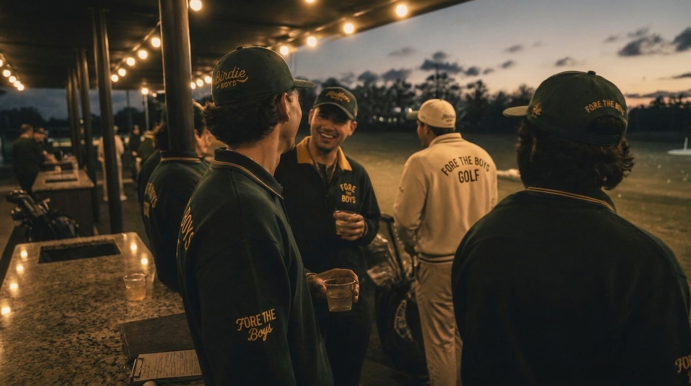 Four friends walking off the course, cans raised