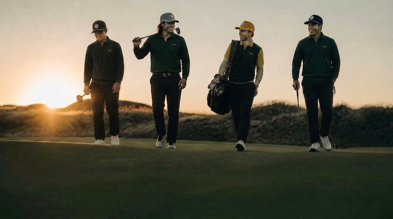 Four men walking on a green at sunset